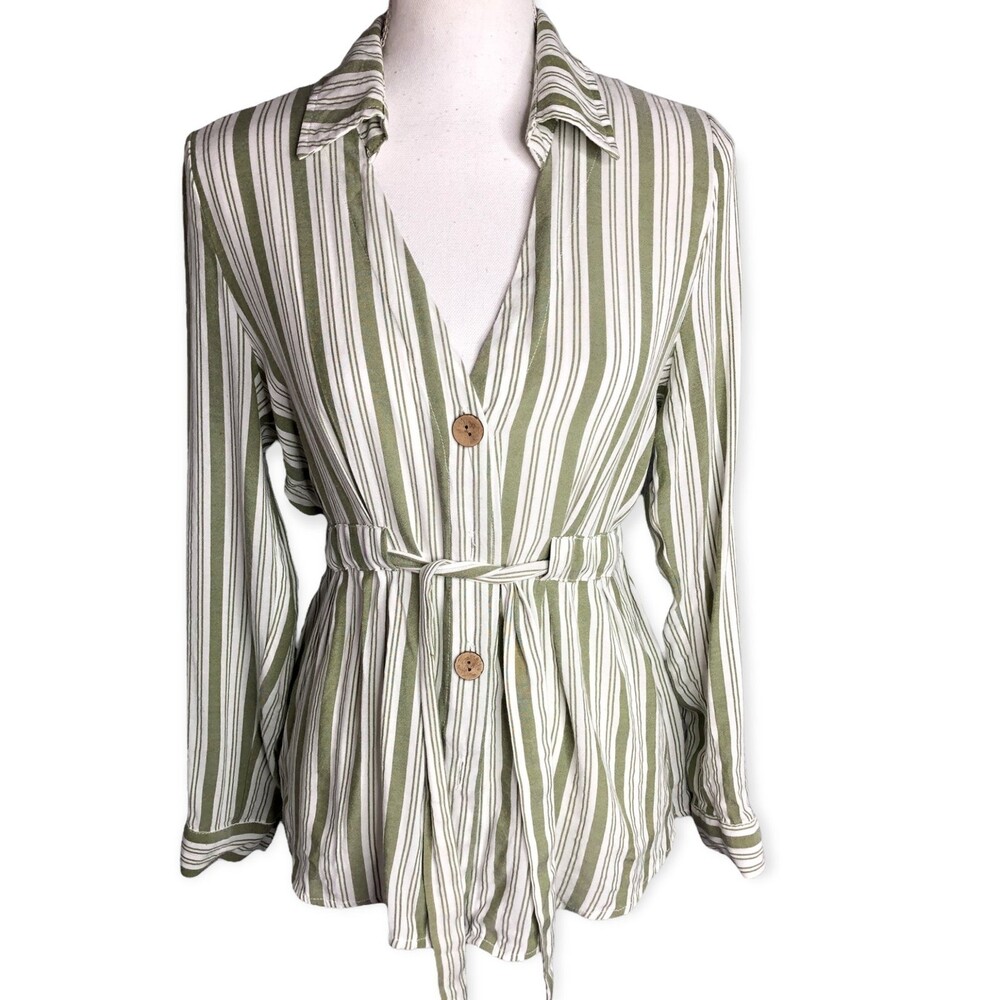 L.I.F.E Love Is For Eternity Striped Long Sleeve Waist Tie Button Down Shirt